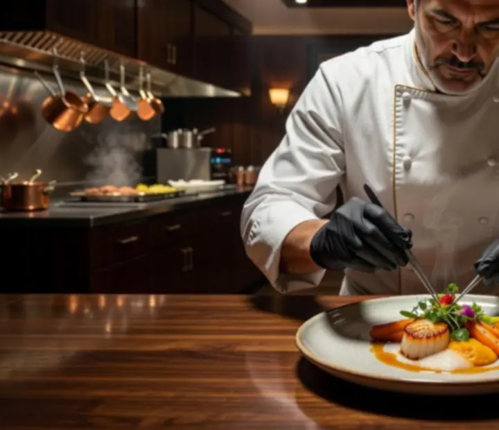 Fine dining séf szezonális gourmet fogást tálal elegáns tányéron.