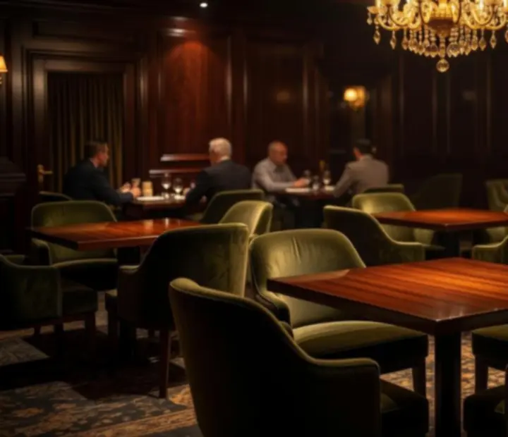 Cinematic luxus éttermi enteriőr exkluzív pókerasztalokkal a PrimeHall24-ben.